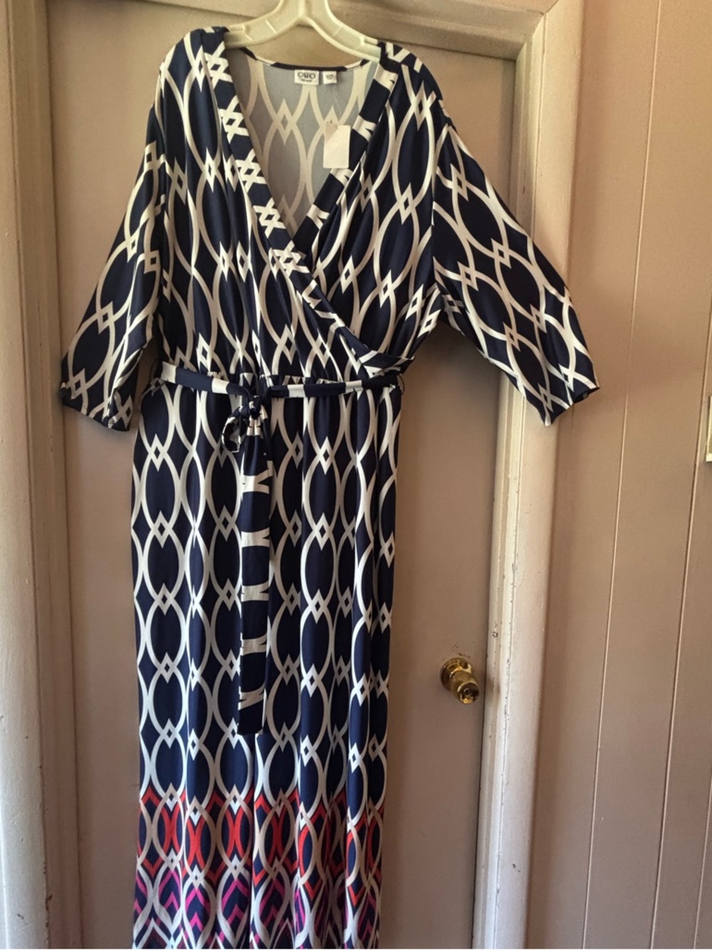 Cato Navy and White Geometric Wrap Maxi Dress with Pink and Red Border